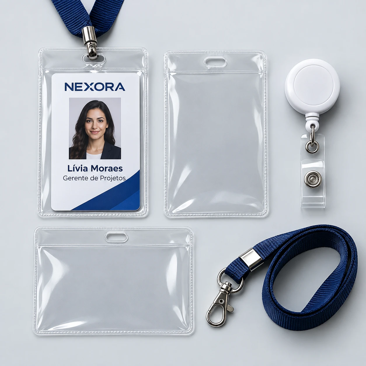 Bolsa plástica 030 em PVC cristal para crachá, vertical e horizontal, com clips retrátil e cordão — Vixcard
