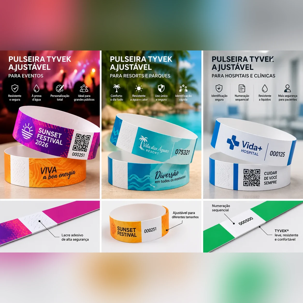 Pulseiras Tyvek para eventos em várias cores e estampas, com numeração — Vixcard