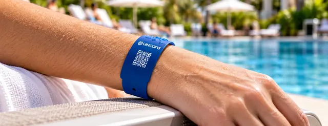 Pulseira de silicone com QR Code no pulso, à beira da piscina de um resort
