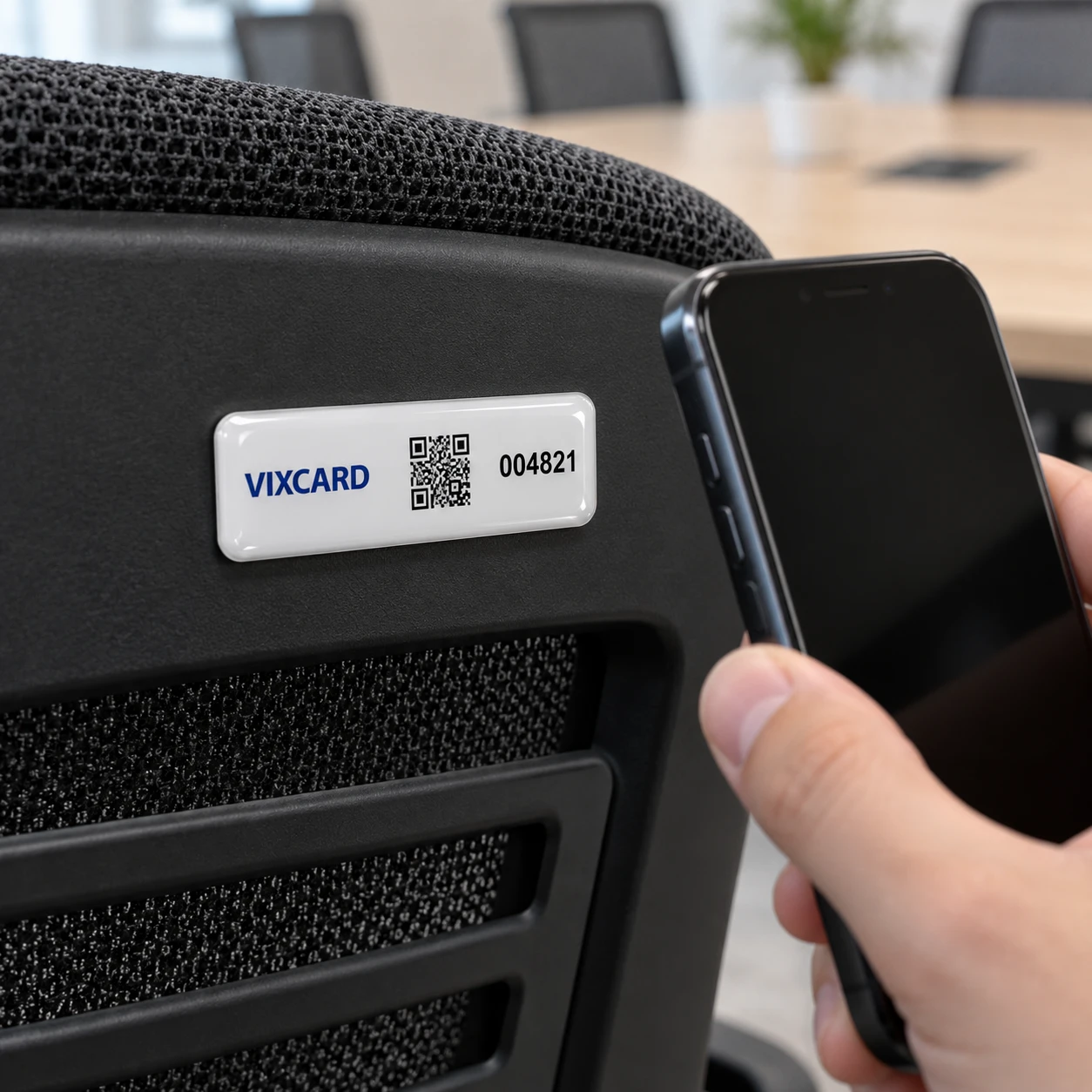 Tag RFID UHF de patrimônio resinada com QR Code na cadeira de escritório, leitura pelo celular — Vixcard