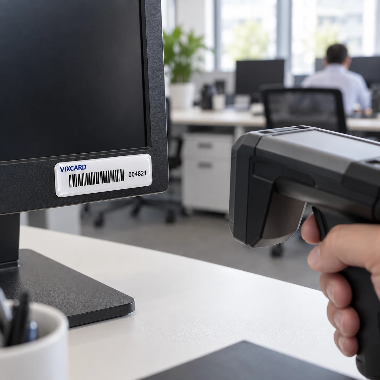 Tag RFID UHF de patrimônio resinada colada no monitor, inventário com leitor portátil — Vixcard